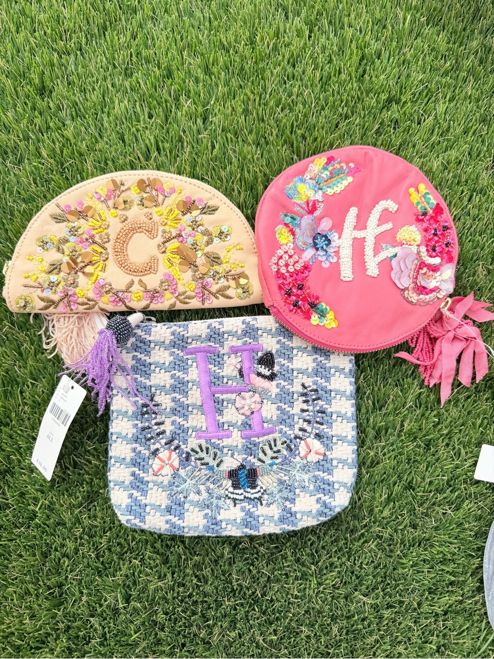 Anthropologie Pink Floral Beaded Round Kids Pouch